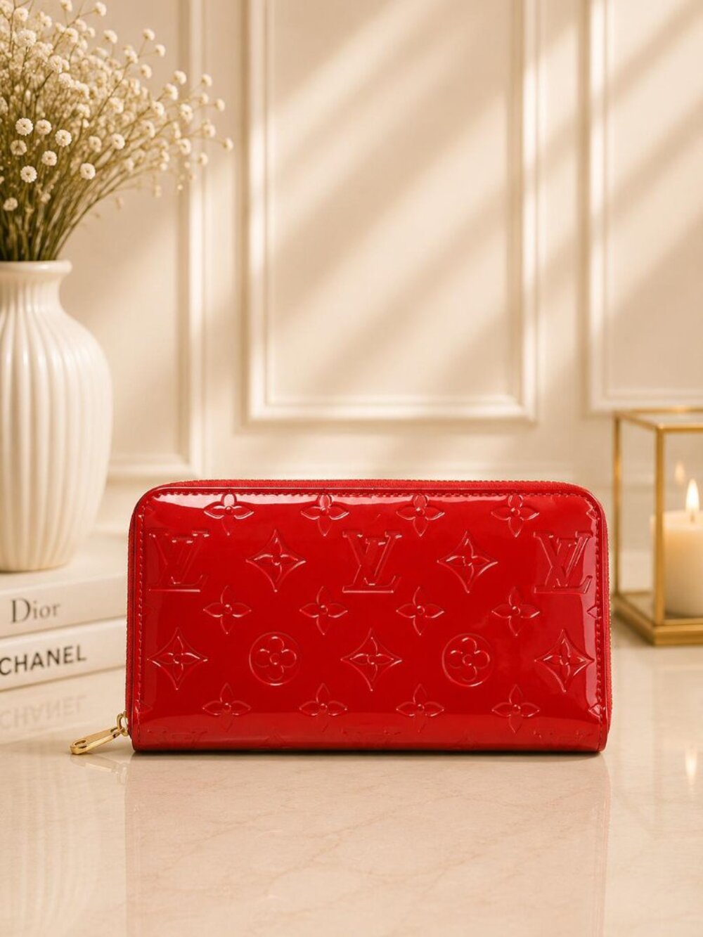 Authentic Louis Vuitton Zippy Wallet Monogram Vernis Red Patent Leather